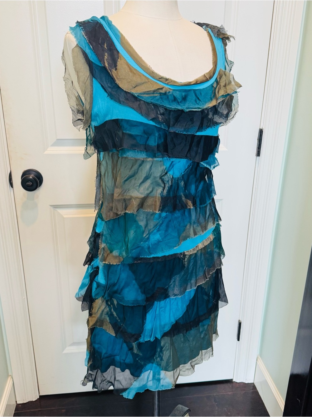 Anthropologie Teal & Olive Layered Ruffle Midi Dress
